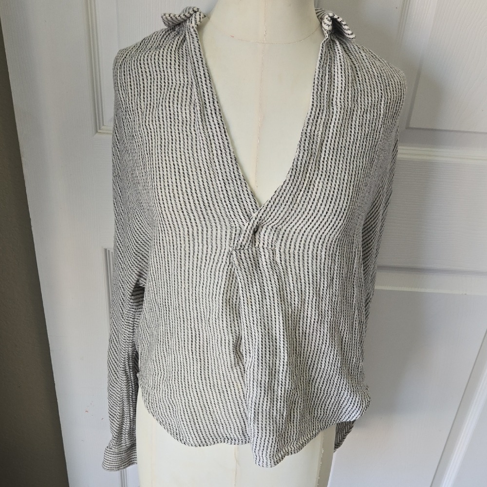 Free People Black White Striped Twist Front V-Neck Cotton Blouse Top Small